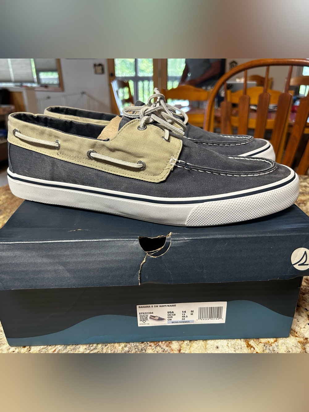 Sperry Bahama Men’s 14 Soft Canvas Boat Shoes in Navy & Khaki-Worn 1x Excellent